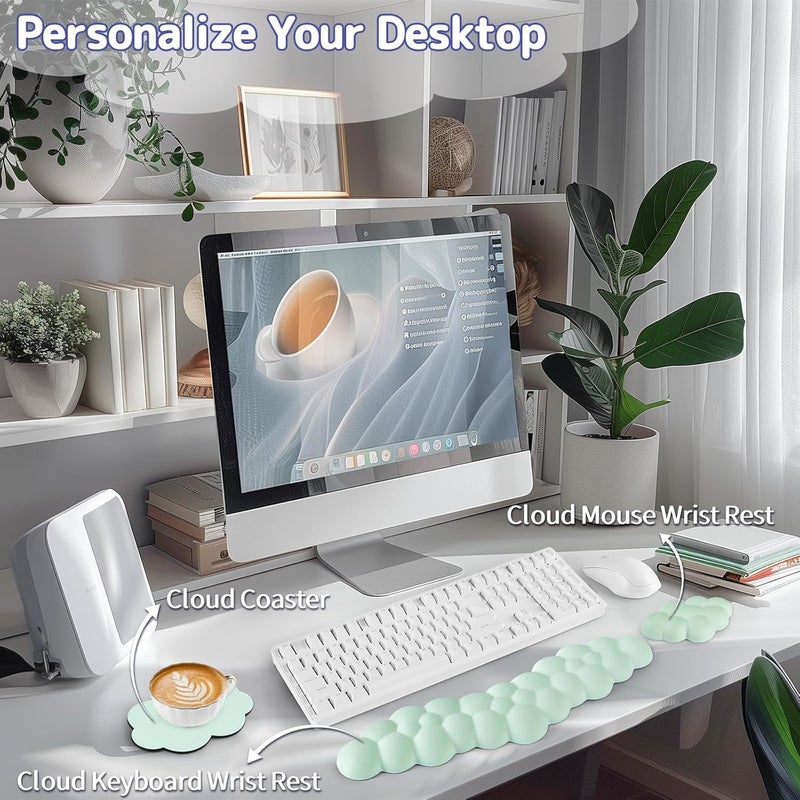 Sushret Cloud Wrist Rest for Keyboard and Mouse, Memory Foam PU Leather Keyboard Wrist Rest with Ergonomic Support, Non-Slip Base, Cute Arm Rest Pad & Palm Cushion, Office Desk Accessory, Light Green - Image 2